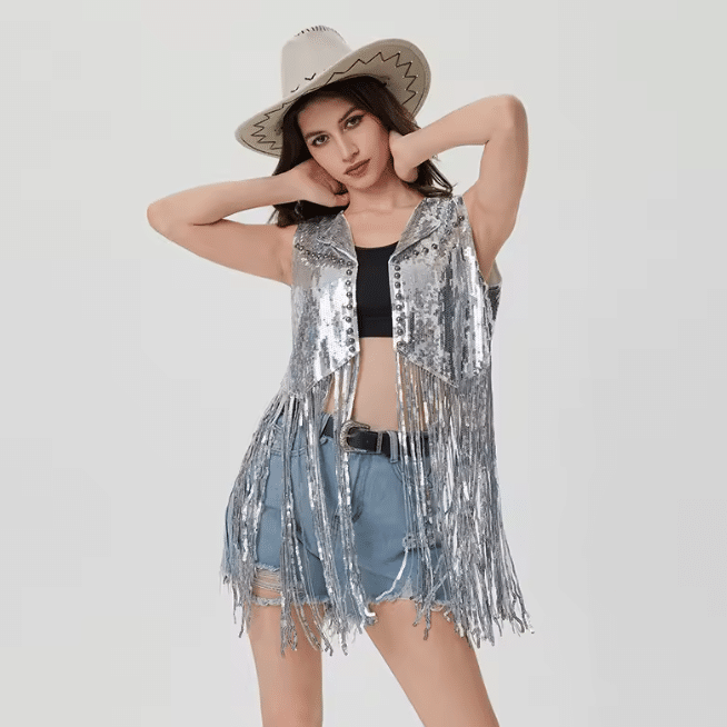 Gilet cowboy femme argenté paillettes longues franges (6)