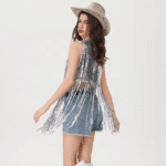 Gilet cowboy femme argenté paillettes longues franges (7)