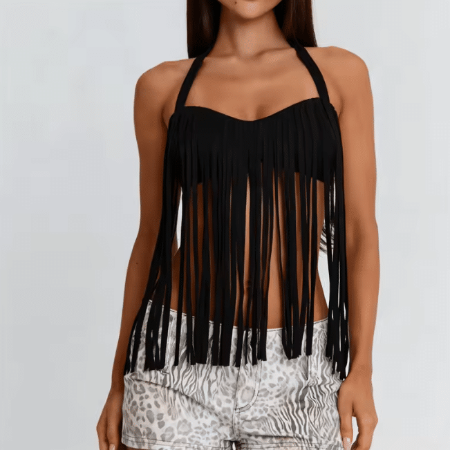 Haut noir à longues franges style bohème western (3)