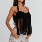 Haut noir à longues franges style bohème western (4)