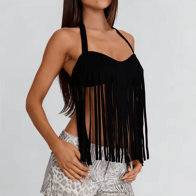 Haut noir à longues franges style bohème western (4)