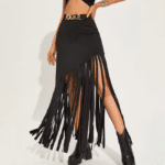 Jupe longue noire franges et chaîne (2)