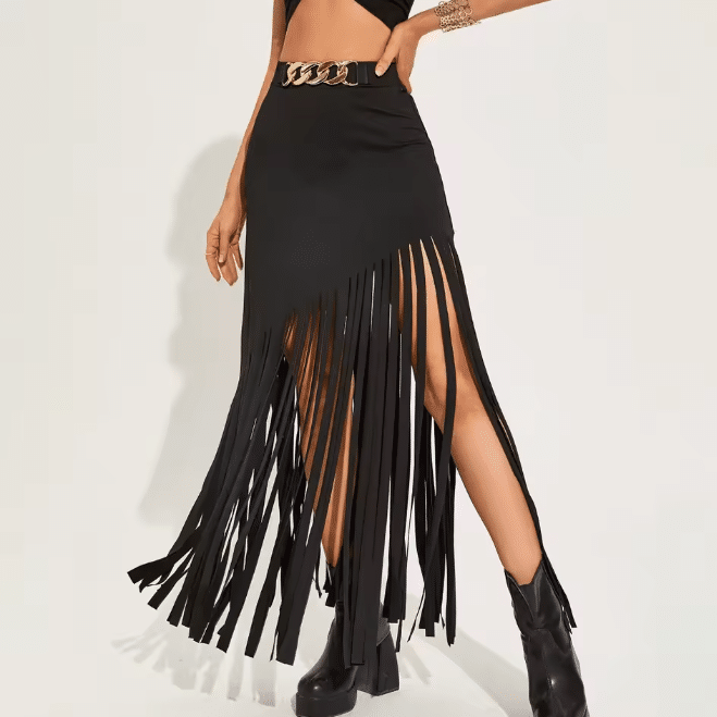 Jupe longue noire franges et chaîne (2)