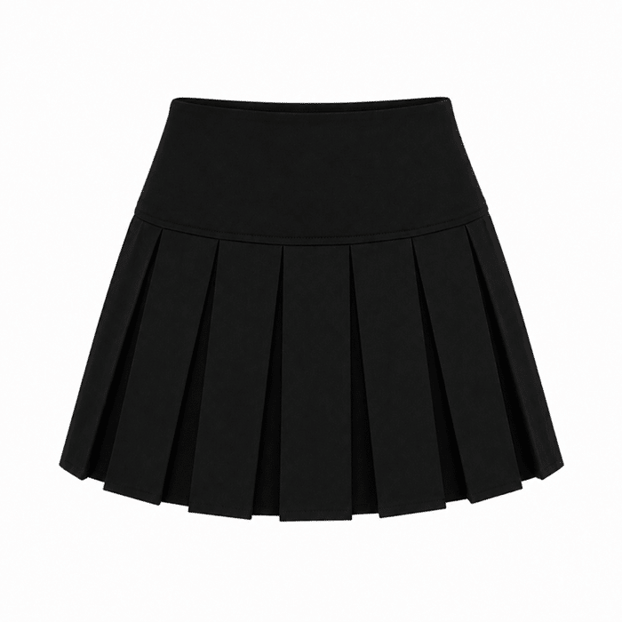 Mini-jupe plissée noire taille haute à larges plis réguliers (2)