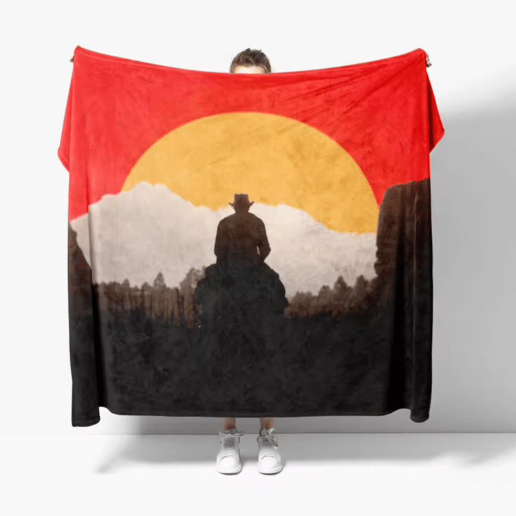 Plaid cowboy avec cavalier et coucher de soleil (1)