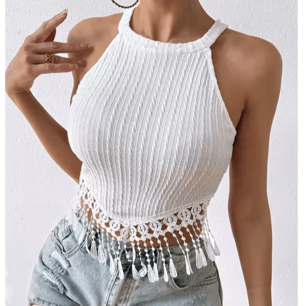 Top court blanc côtelé col montant bordure ajourée franges perlées (1)