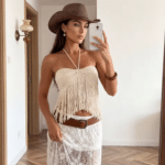Top crochet écru maille ajourée longues franges (1)