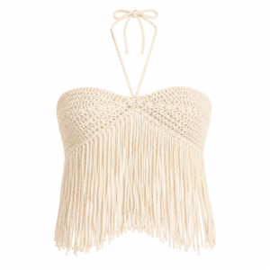 Top crochet écru maille ajourée longues franges