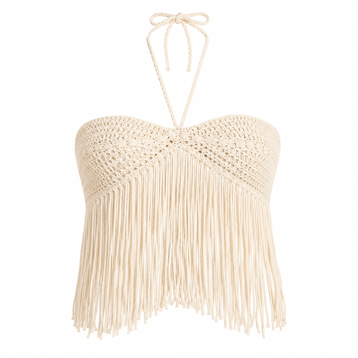 Top crochet écru maille ajourée longues franges (2)
