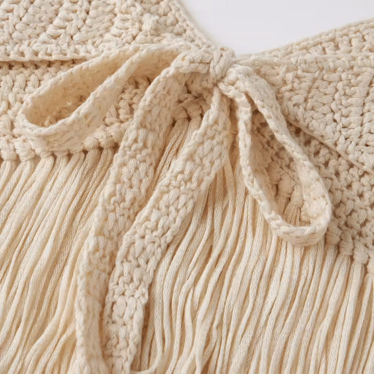 Top crochet écru maille ajourée longues franges (3)