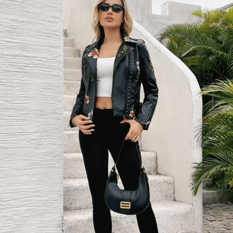 Veste biker femme simili cuir noire broderies florales (1)