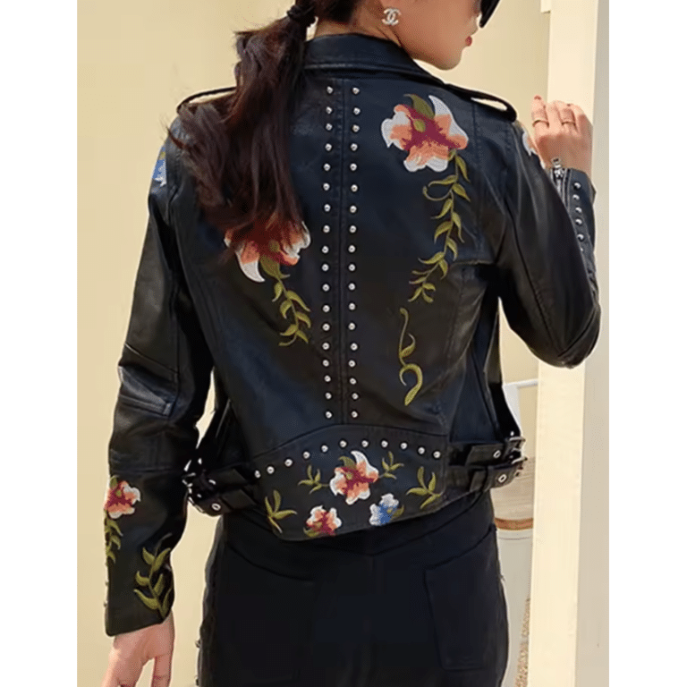 Veste biker femme simili cuir noire broderies florales (2)