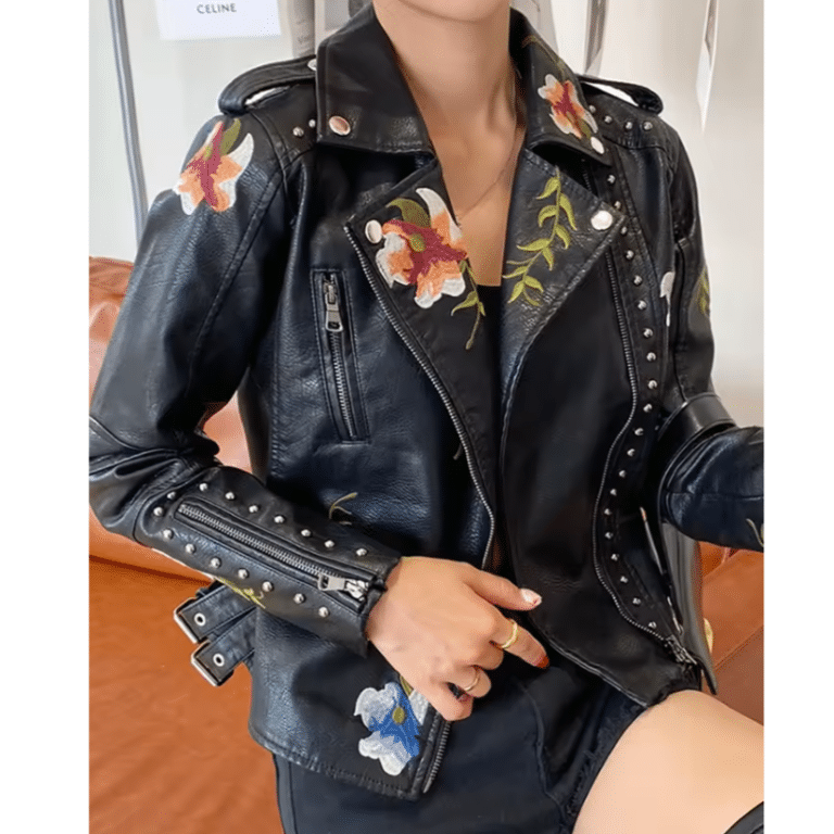 Veste biker femme simili cuir noire broderies florales (3)