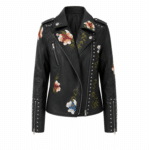 Veste biker femme simili cuir noire broderies florales (4)