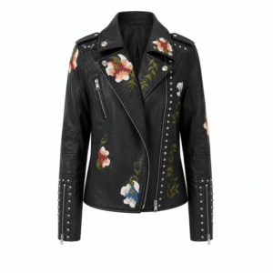 Veste biker femme simili cuir noire broderies florales
