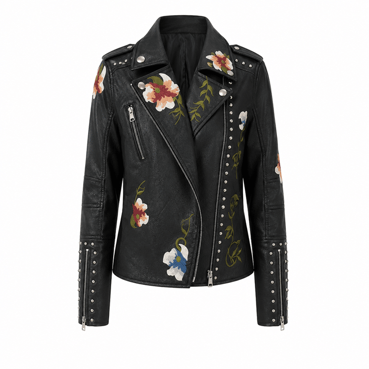 Veste biker femme simili cuir noire broderies florales (4)