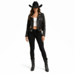 Veste biker femme simili cuir noire broderies florales (5)
