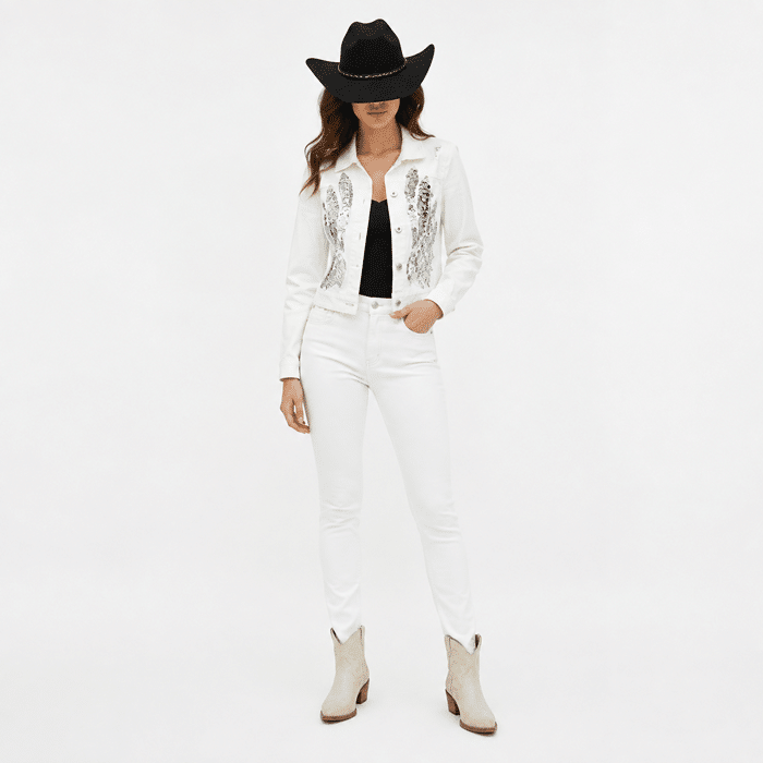 Veste blanche cowboy courte avec grandes ailes paillettes