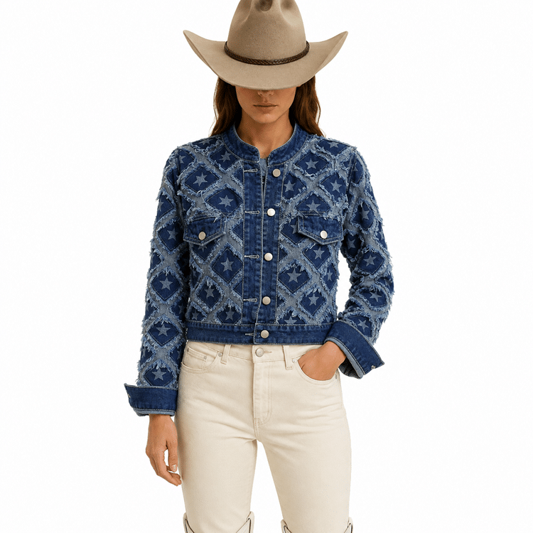 Veste bleue jean vintage effiloché et étoiles (1)