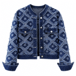 Veste bleue jean vintage effiloché et étoiles