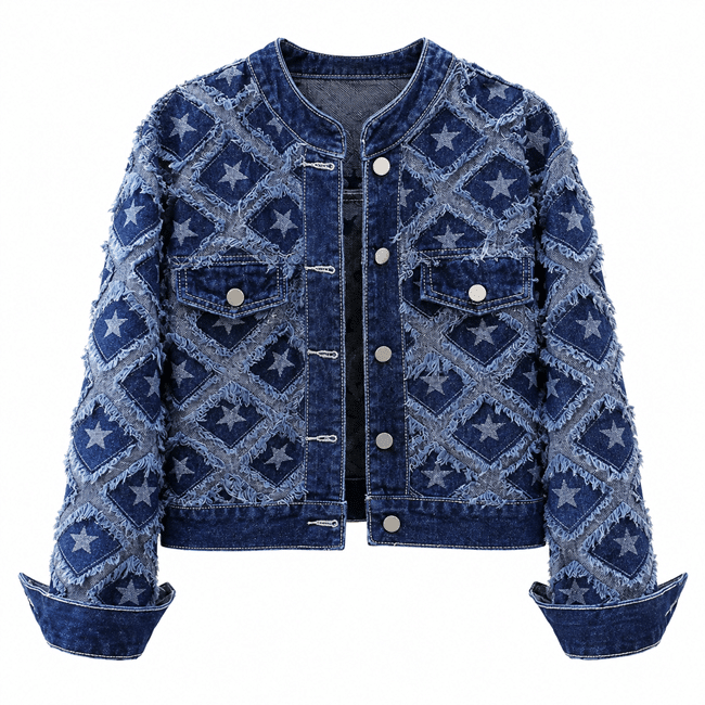 Veste bleue jean vintage effiloché et étoiles (2)