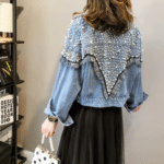 Veste country bleue courte à perles et franges western (1)