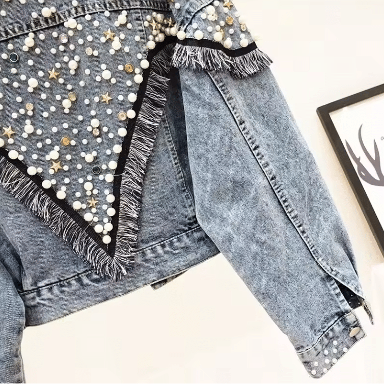 Veste country bleue courte à perles et franges western (4)