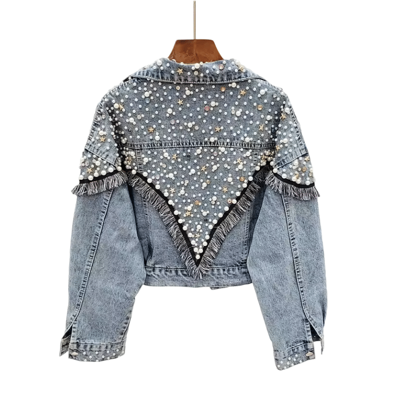 Veste country bleue courte à perles et franges western (5)