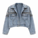 Veste country bleue courte à perles et franges western (7)