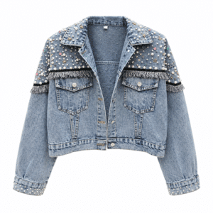 Veste country bleue courte à perles et franges western