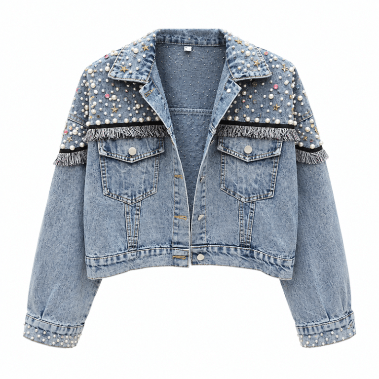 Veste country bleue courte à perles et franges western (7)