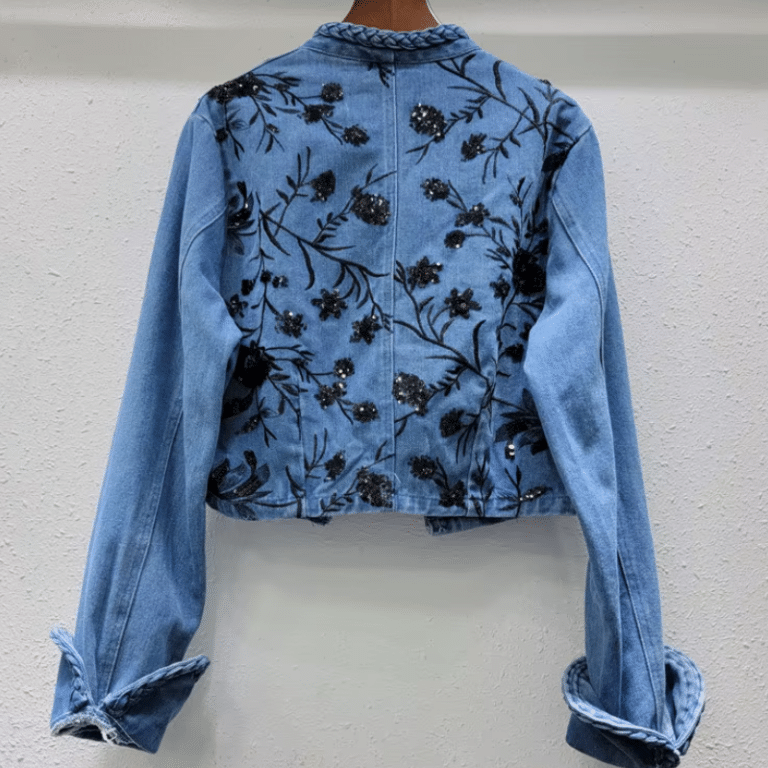 Veste country vintage en jean à fleurs noires (1)