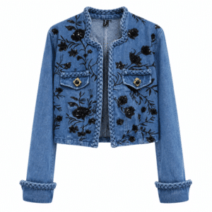 Veste country vintage bleu à fleurs noires