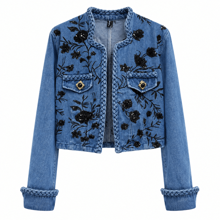 Veste country vintage en jean à fleurs noires (3)