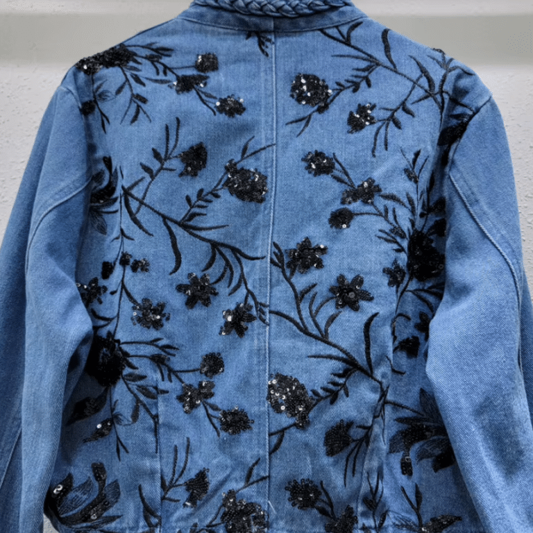 Veste country vintage en jean à fleurs noires (4)