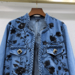 Veste country vintage en jean à fleurs noires (5)
