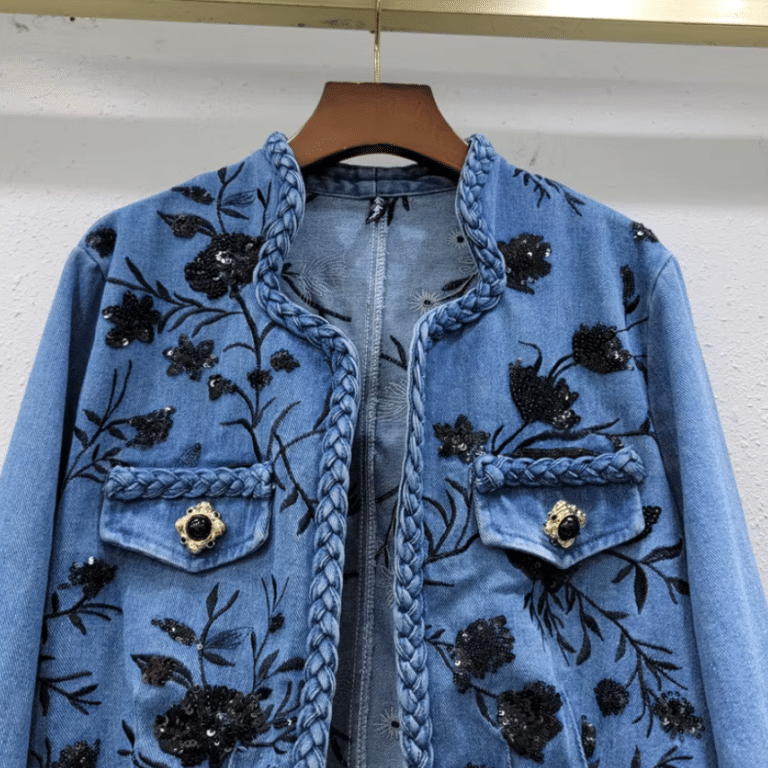 Veste country vintage en jean à fleurs noires (5)