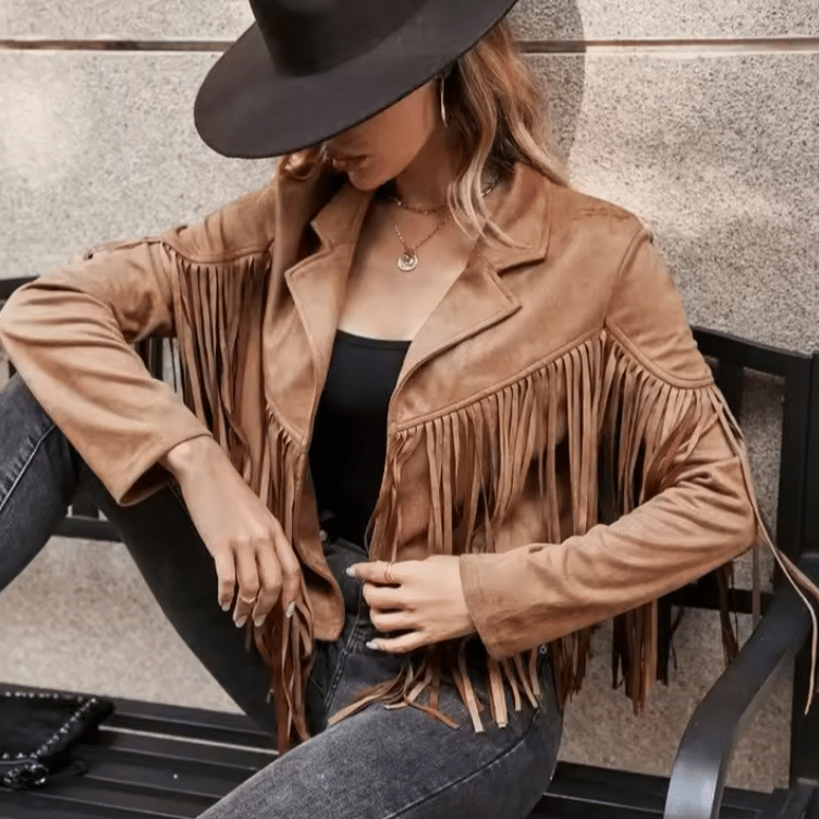Veste cowboy camel franges style western (5)