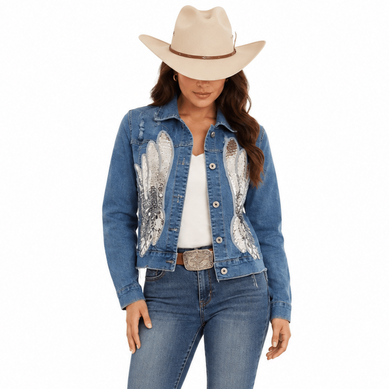 Veste cowboy femme bleue ailes argentées (3)