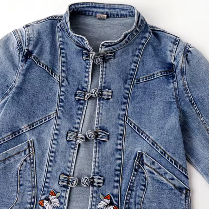 Veste cowboy femme bleue jean papillons brodés (4)