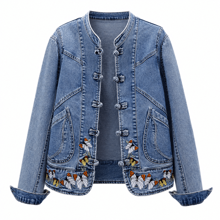 Veste cowboy femme bleue jean papillons brodés (6)
