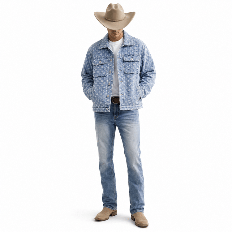 Veste cowboy homme bleu clair country motifs relief (7)