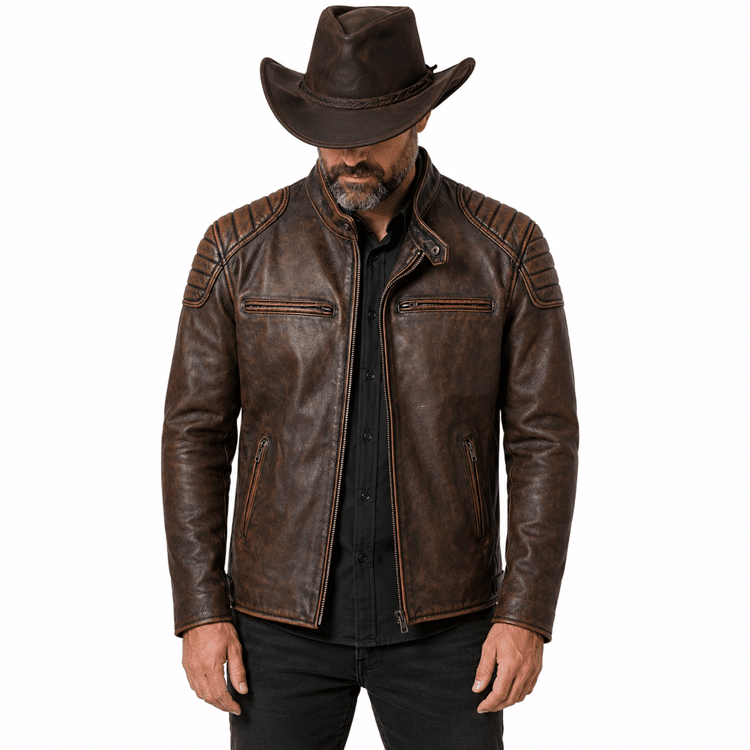 Veste cowboy homme en cuir de vachette vintage style biker (1)
