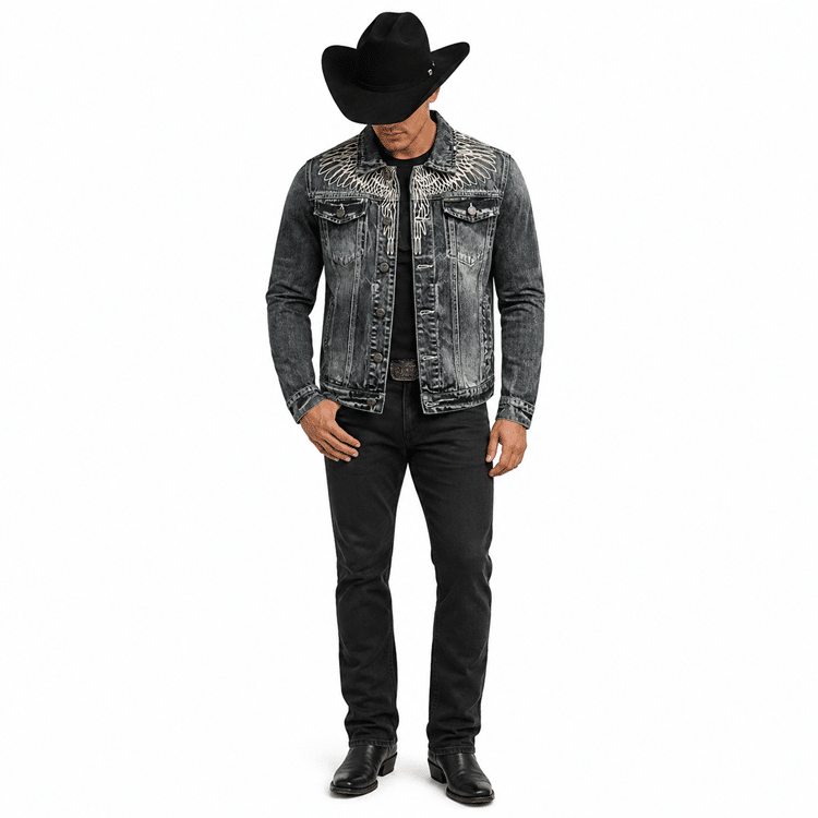 Veste cowboy homme jean broderies ailes blanches (1)