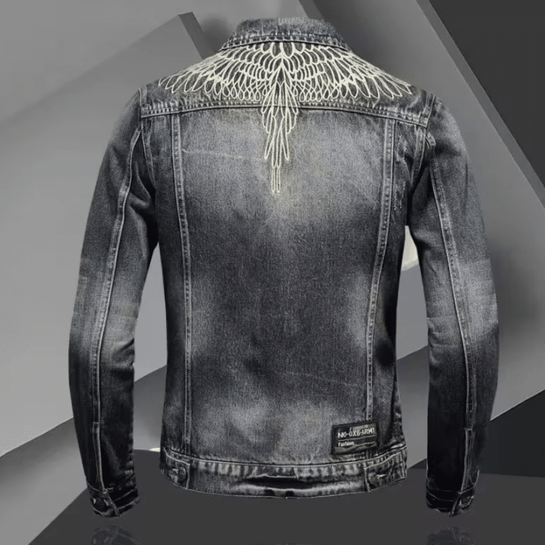 Veste cowboy homme jean broderies ailes blanches (5)