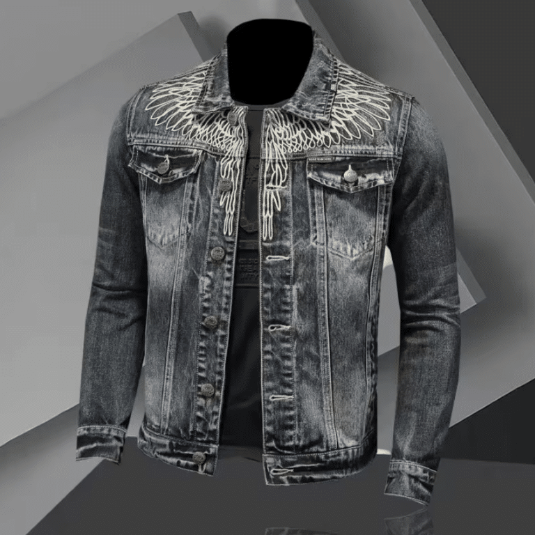 Veste cowboy homme jean broderies ailes blanches (6)