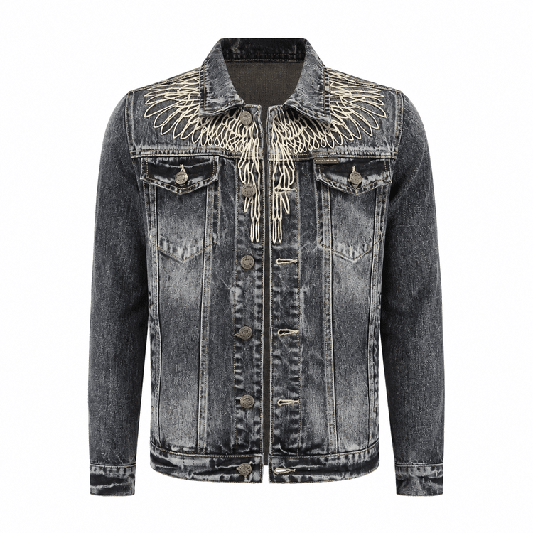 Veste cowboy homme jean broderies ailes blanches (7)