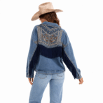 Veste cowboy jean bleu broderies florales et franges (1)