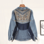 Veste cowboy jean bleu broderies florales et franges (4)