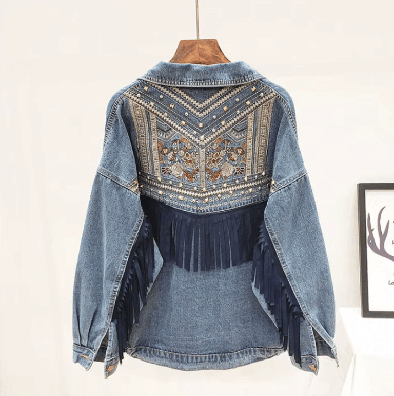 Veste cowboy jean bleu broderies florales et franges (4)